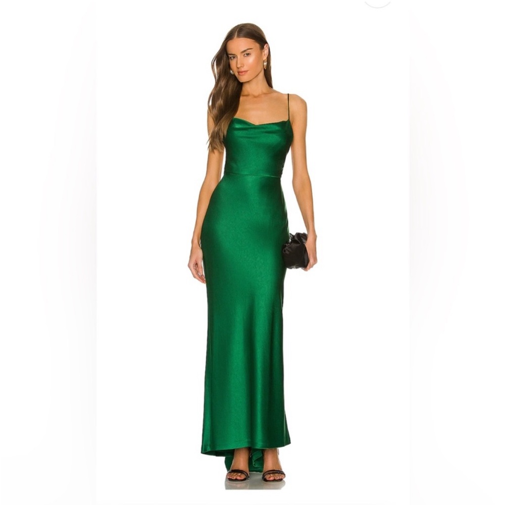 Alice + Olivia Montana Maxi Gown in Deep Emerald Satin Cowl Neck Hi-Lo Open Back